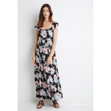 Fashion Women Flutter Cap Sleeve Allover Flower Printing Maxi Dress